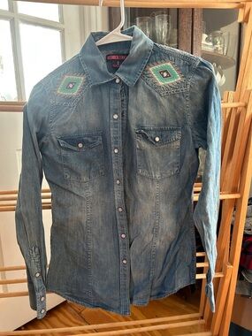 Rock & Republic Blue Denim Western Shirt with Teal Embroidery